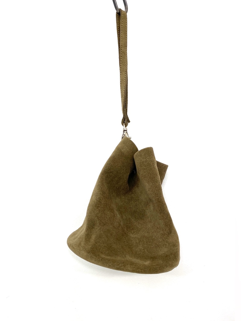 Soft Olive Suede Slouchy Bucket Wristlet Bag Pouch Round Base 90s Minimalist
